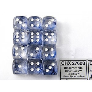 Set 12 dadi D6 16mm Nebula (bianco/nero trasparente) CHX27608 Set 12 dadi D6 16mm Nebula (bianco/nero trasparente) CHX27608