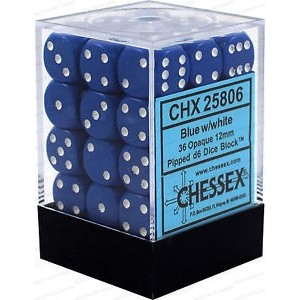 Set 36 dadi D6 12mm Opaque (bianco/blu) CHX25806