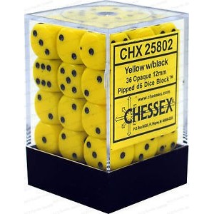 Set 36 dadi D6 12mm Opaque (nero/giallo) CHX25802